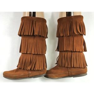 MINNETONKA Moccasins Fringe Suede Tall Boots Brown